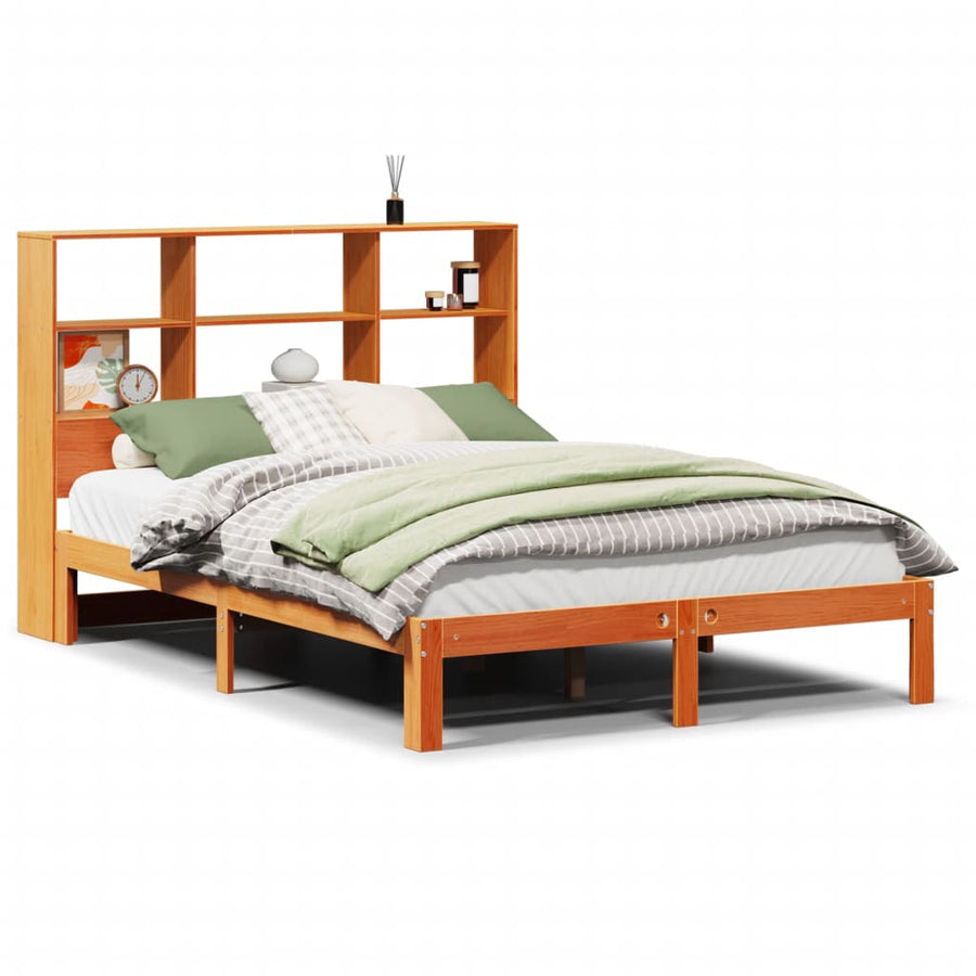 Bed met boekenkast zonder matras grenenhout wasbruin 140x200 cm