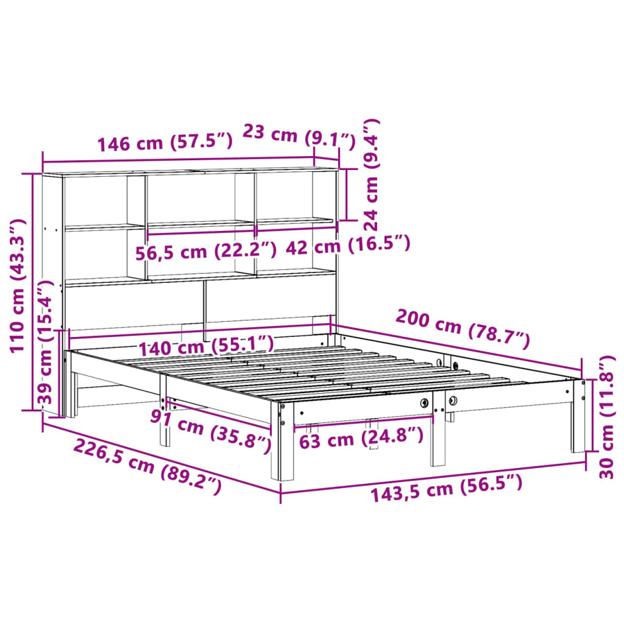 Bed met boekenkast zonder matras grenenhout wasbruin 140x200 cm
