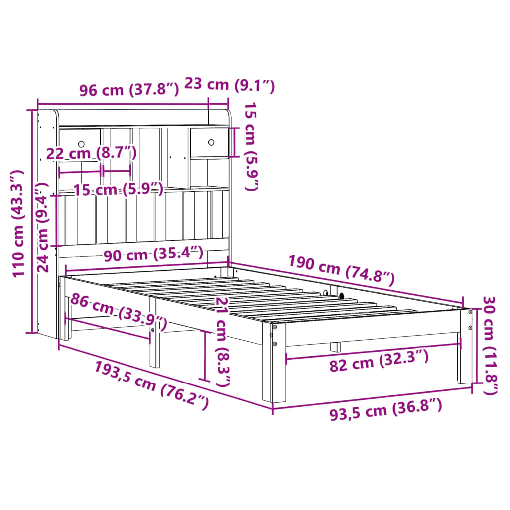 Bed met boekenkast zonder matras massief grenenhout 90x190 cm