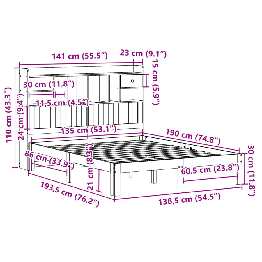 Bed met boekenkast zonder matras grenenhout wit 135x190 cm