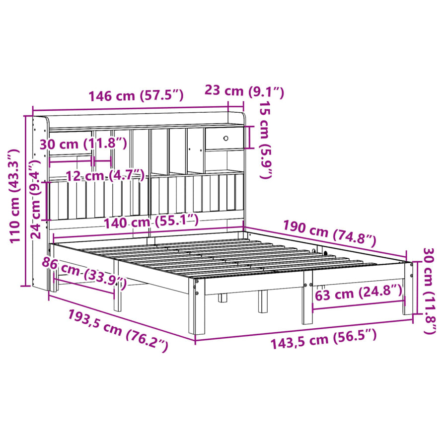 Bed met boekenkast zonder matras grenenhout wit 140x190 cm