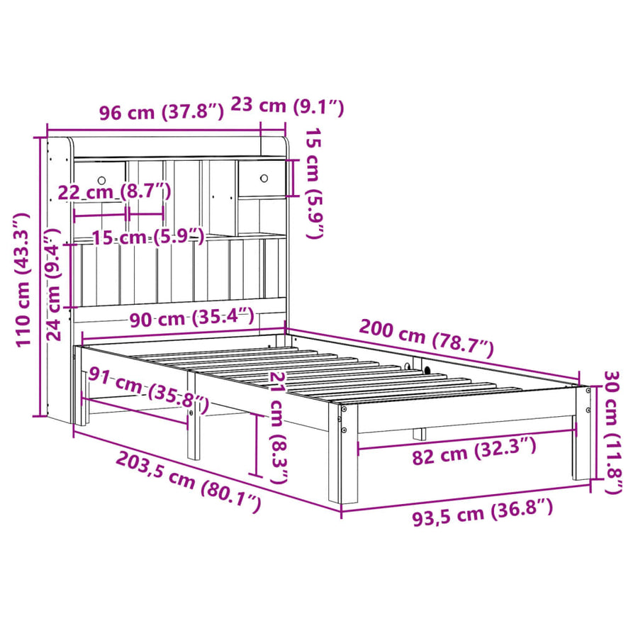 Bed met boekenkast zonder matras grenenhout wit 90x200 cm