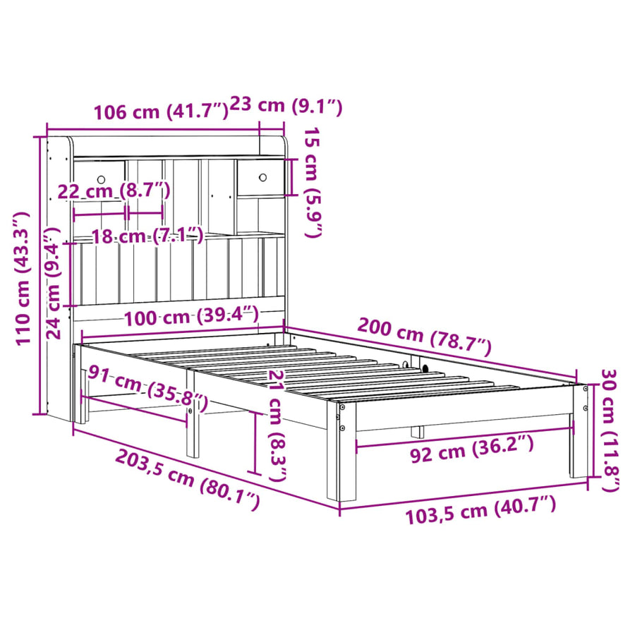 Bed Met Boekenkast Zonder Matras Massief Grenenhout 100 x 200 cm Naturel