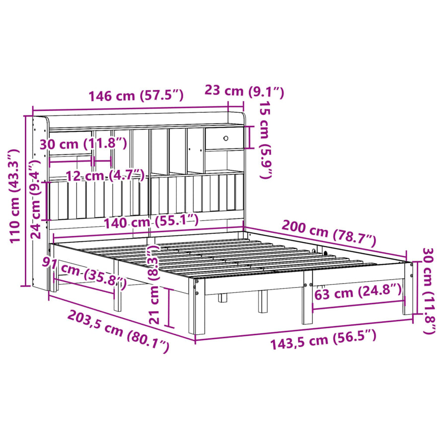 Bed met boekenkast zonder matras grenenhout wit 140x200 cm