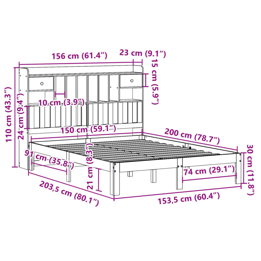 Bed met boekenkast zonder matras grenenhout wit 150x200 cm