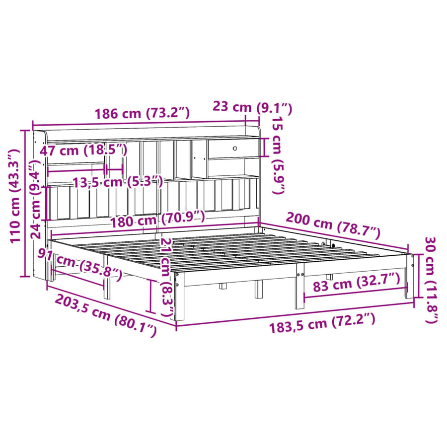 Bed met boekenkast zonder matras massief grenenhout 180x200 cm