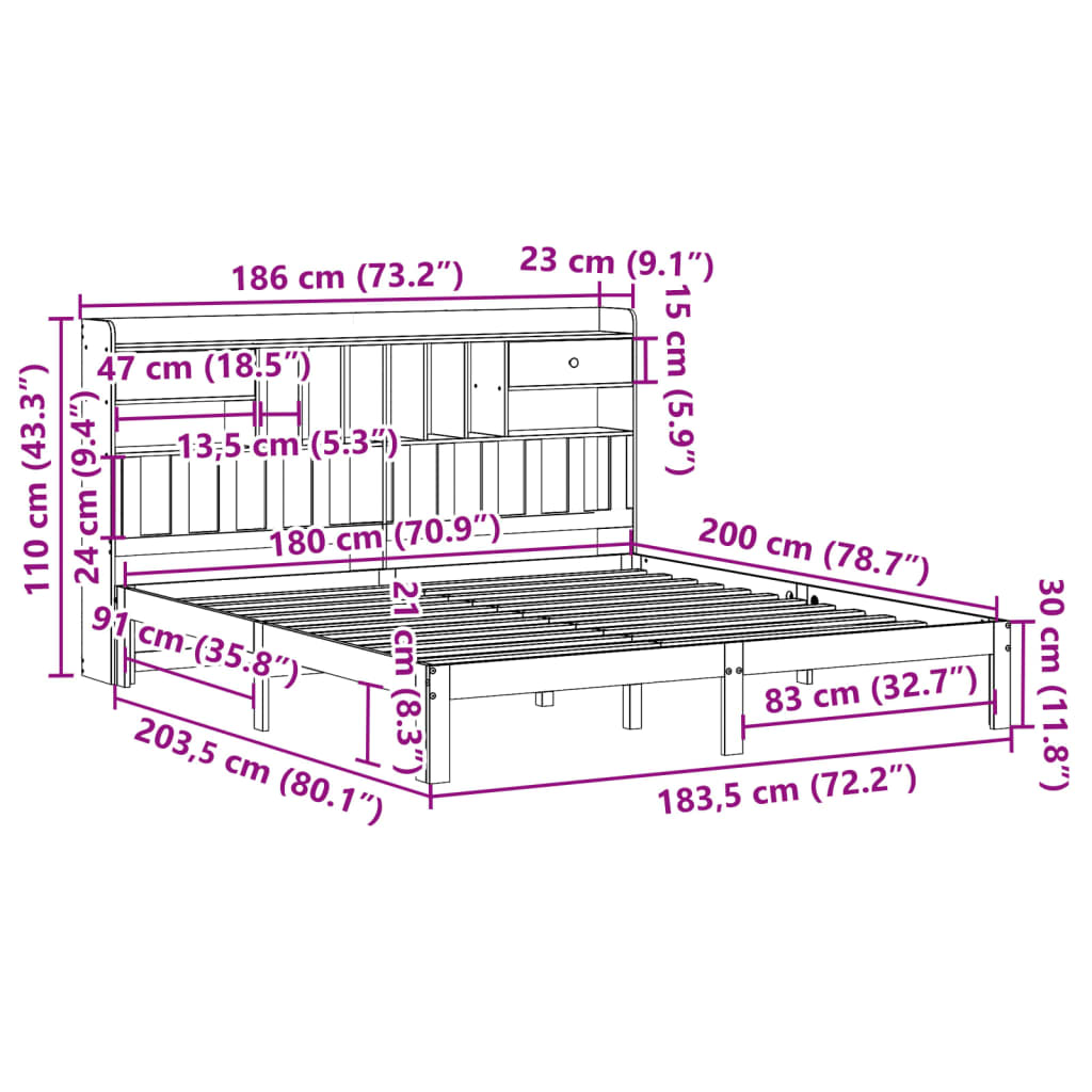 Bed met boekenkast zonder matras grenenhout wit 180x200 cm