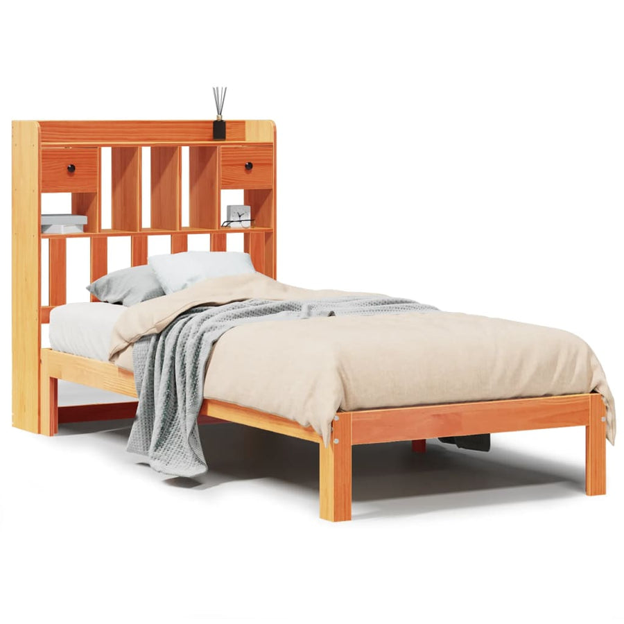 Bed met boekenkast zonder matras grenenhout wasbruin 75x190 cm