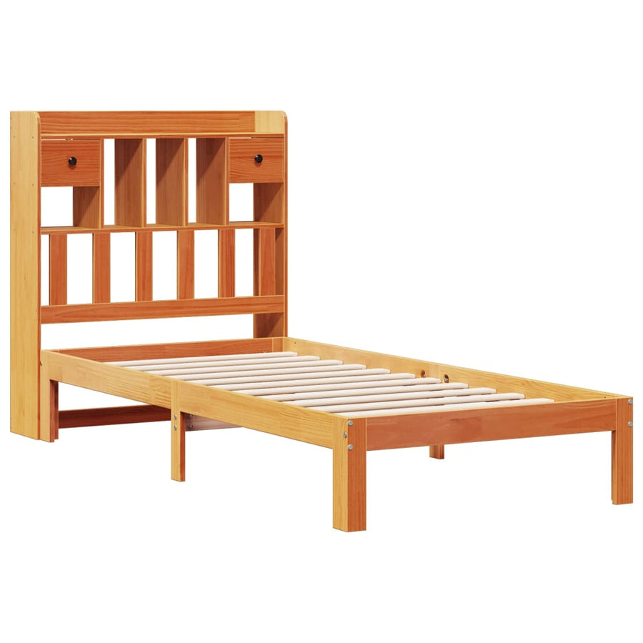 Bed met boekenkast zonder matras grenenhout wasbruin 75x190 cm