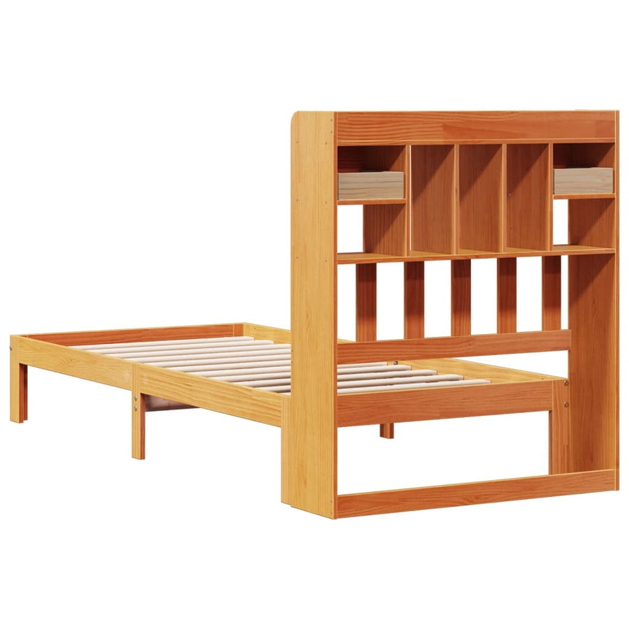 Bed met boekenkast zonder matras grenenhout wasbruin 75x190 cm