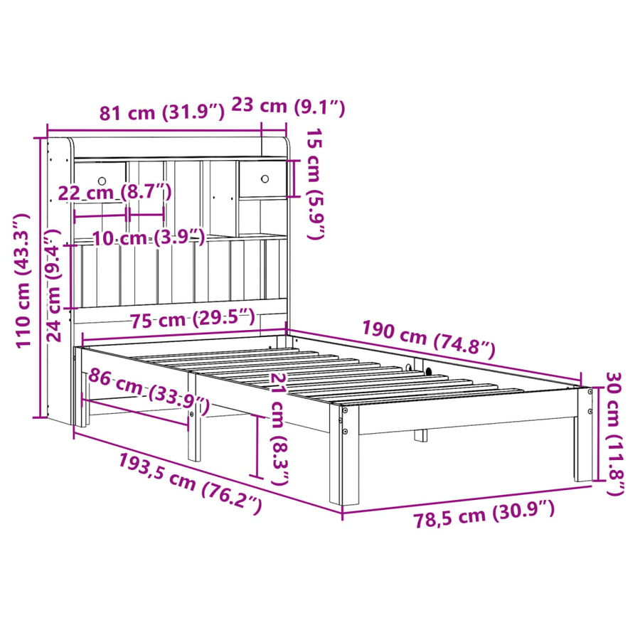 Bed met boekenkast zonder matras grenenhout wasbruin 75x190 cm