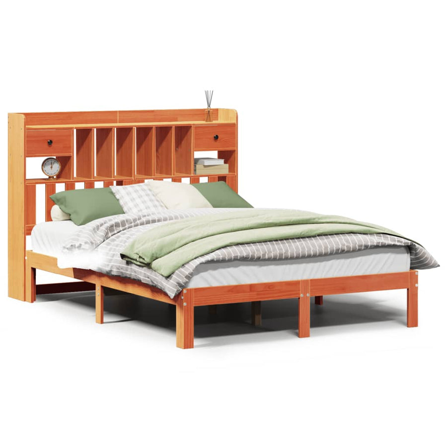 Bed met boekenkast zonder matras grenenhout wasbruin 135x190 cm