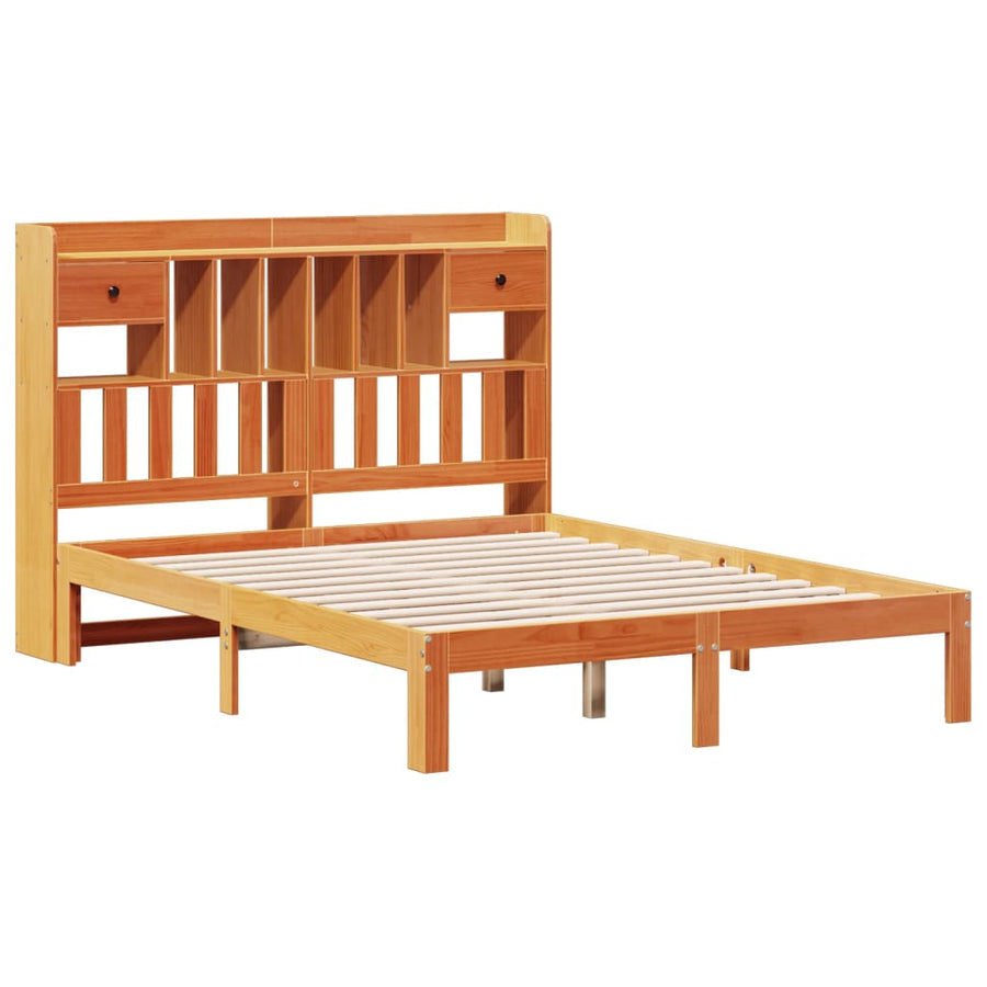 Bed met boekenkast zonder matras grenenhout wasbruin 135x190 cm