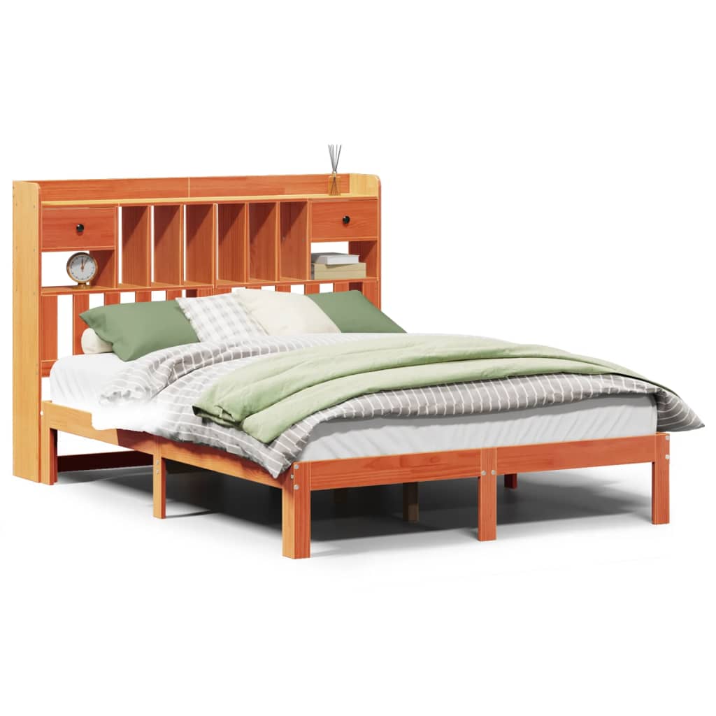 Bed met boekenkast zonder matras grenenhout wasbruin 140x190 cm