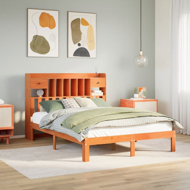 Bed met boekenkast zonder matras grenenhout wasbruin 140x200 cm