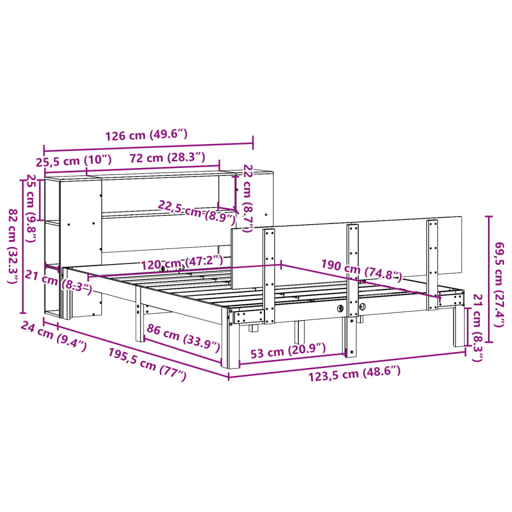 Bed met boekenkast zonder matras grenenhout wit 120x190 cm