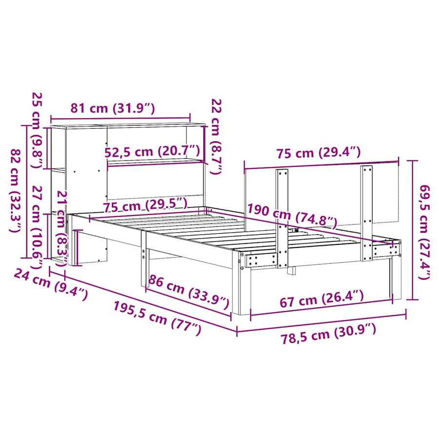 Bed met boekenkast zonder matras grenenhout wit 75x190 cm