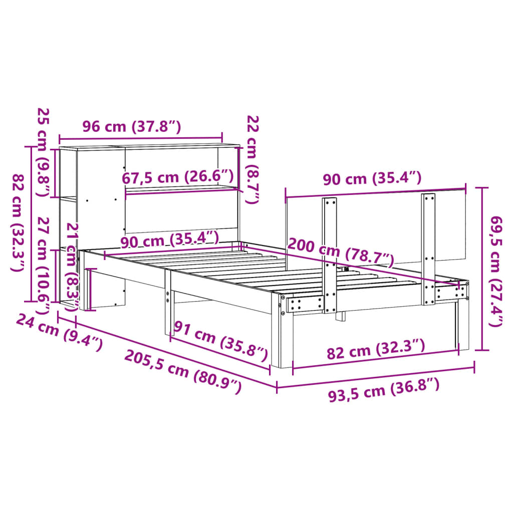 Bed met boekenkast zonder matras grenenhout wit 90x200 cm