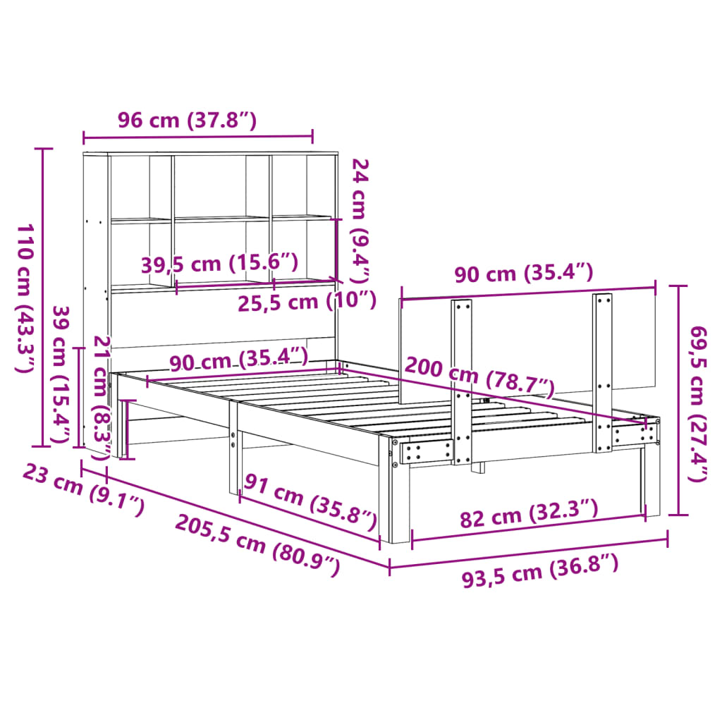Bed Met Boekenkast Zonder Matras Massief Grenenhout 90 x 200 cm Naturel