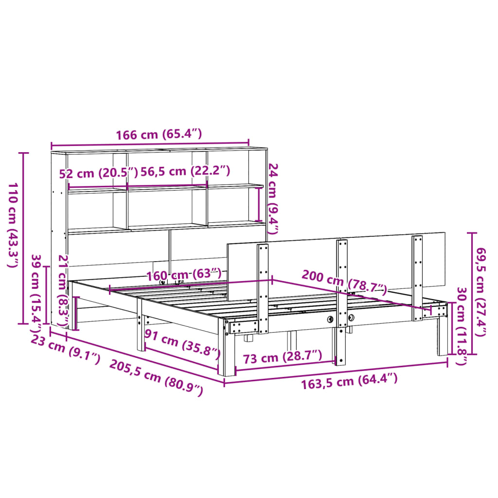 Bed met boekenkast zonder matras massief grenenhout 160x200 cm