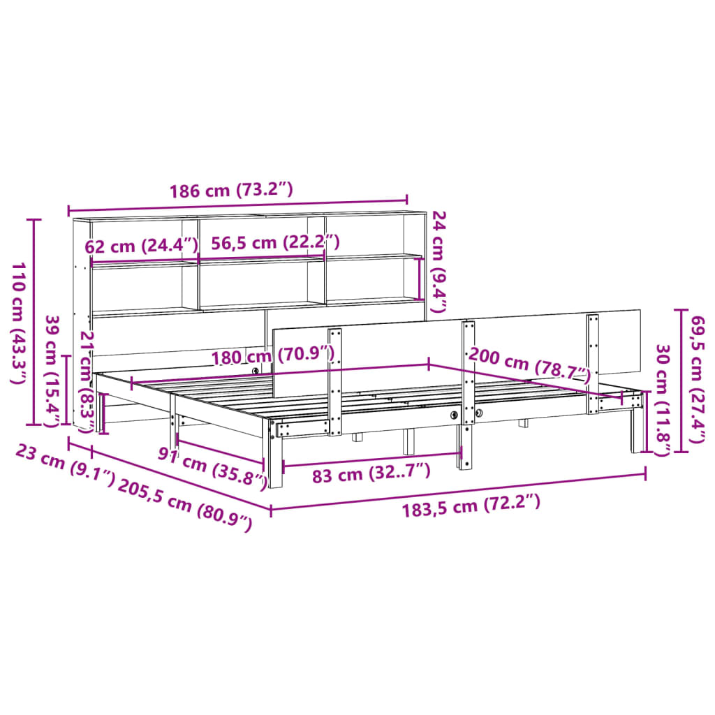 Bed met boekenkast zonder matras massief grenenhout 180x200 cm
