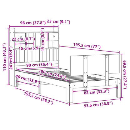 Bed met boekenkast zonder matras massief grenenhout 90x190 cm