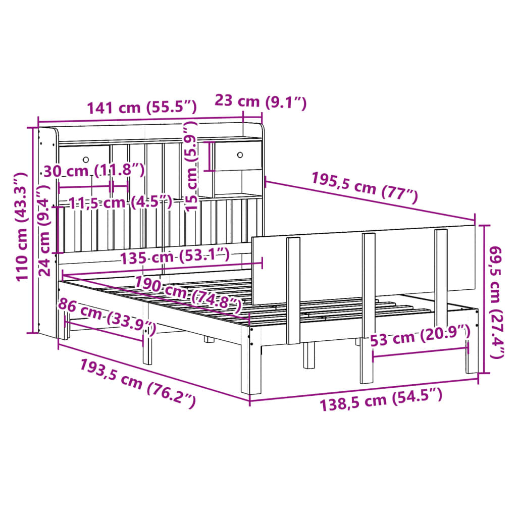 Bed met boekenkast zonder matras massief grenenhout 135x190 cm