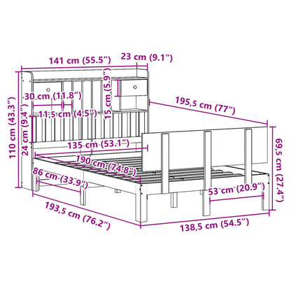 Bed met boekenkast zonder matras massief grenenhout 135x190 cm