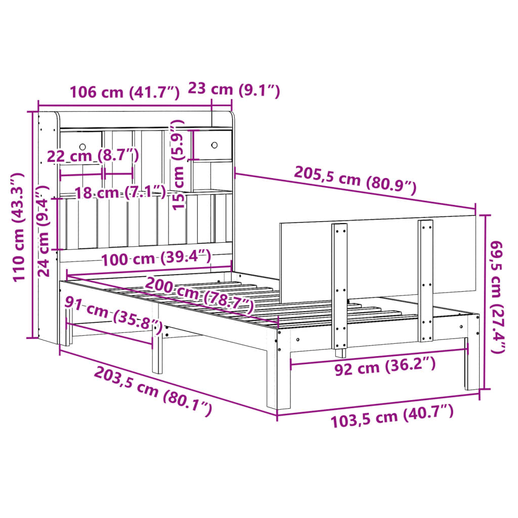 Bed met boekenkast zonder matras massief grenenhout 100x200 cm