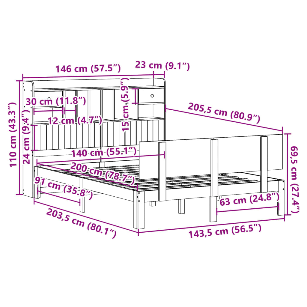 Bed met boekenkast zonder matras massief grenenhout 140x200 cm
