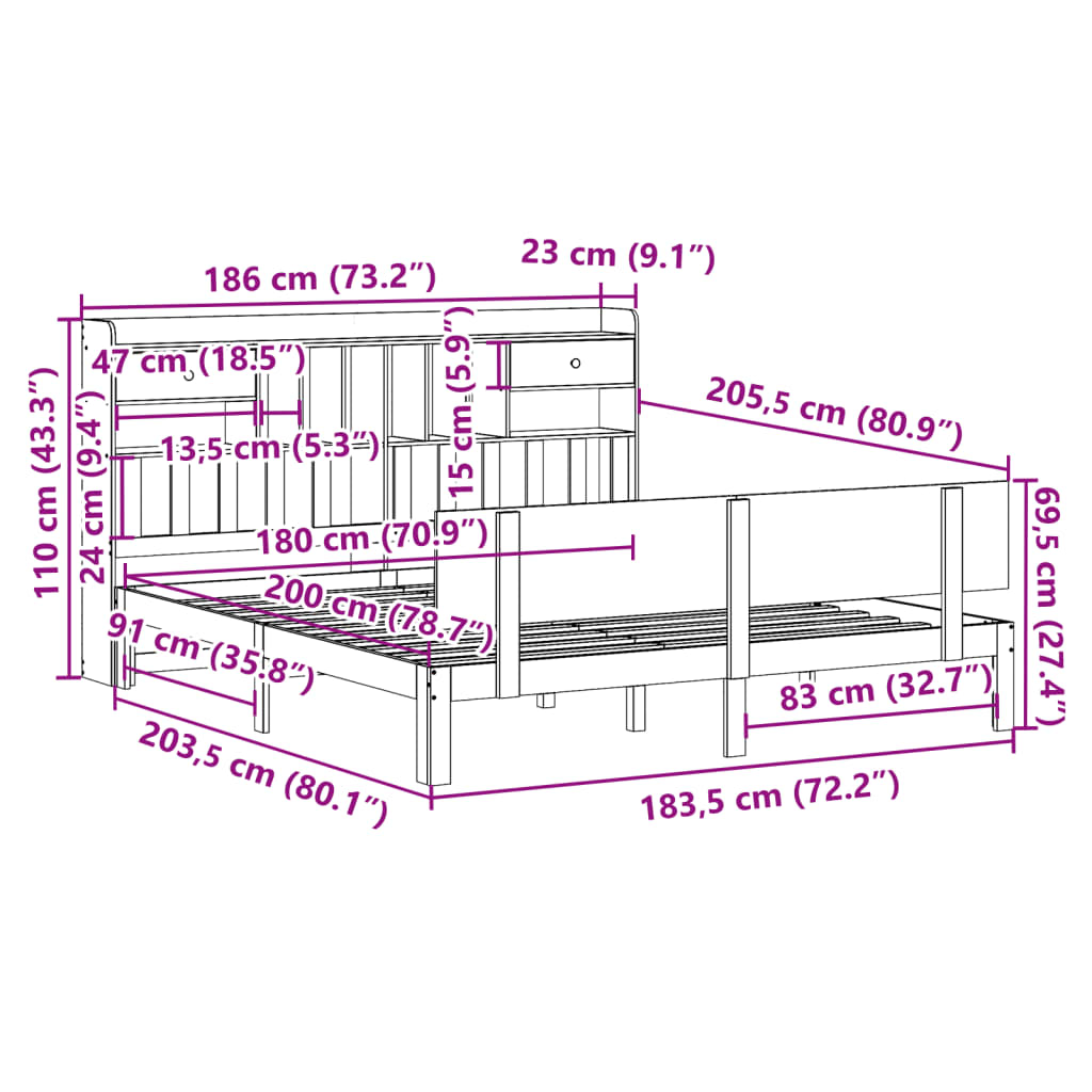 Bed met boekenkast zonder matras massief grenenhout 180x200 cm