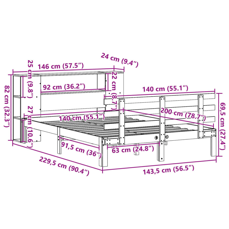 Bed met boekenkast zonder matras grenenhout wit 140x200 cm