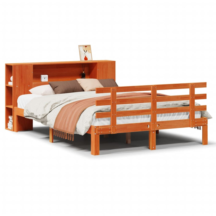 Bed met boekenkast zonder matras grenenhout wasbruin 140x190 cm