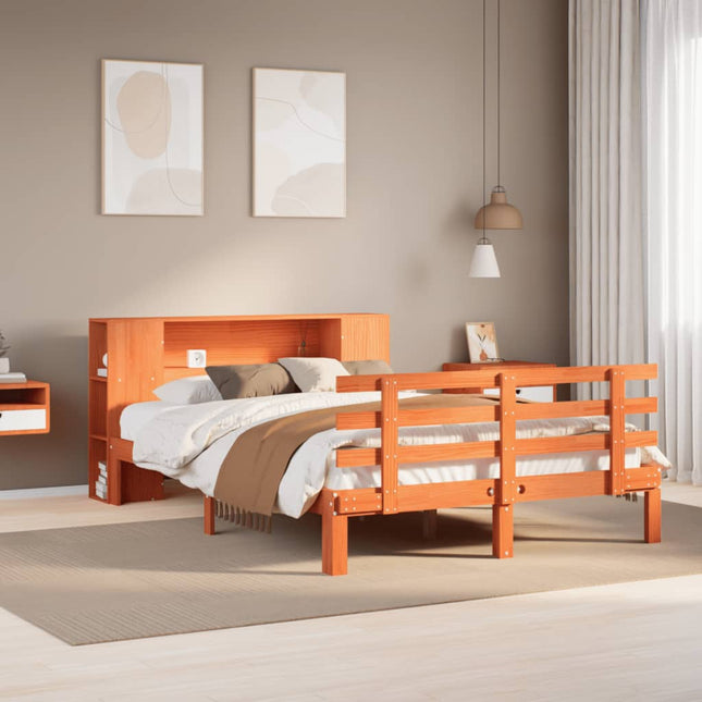 Bed met boekenkast zonder matras grenenhout wasbruin 140x200 cm