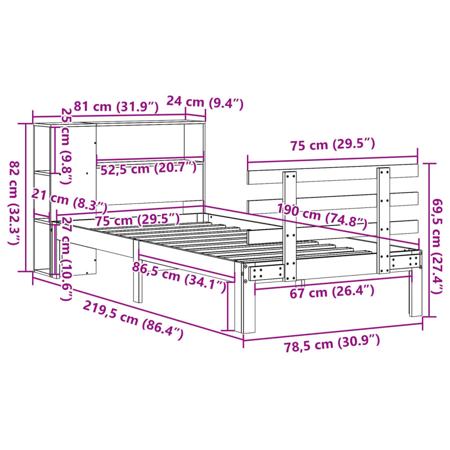 Bed met boekenkast zonder matras massief grenenhout 75x190 cm