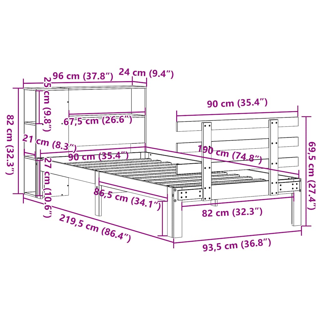 Bed met boekenkast zonder matras massief grenenhout 90x190 cm