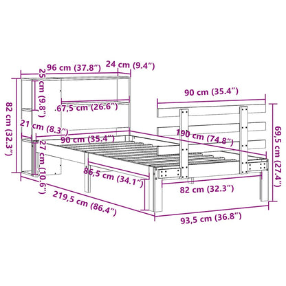Bed met boekenkast zonder matras massief grenenhout 90x190 cm