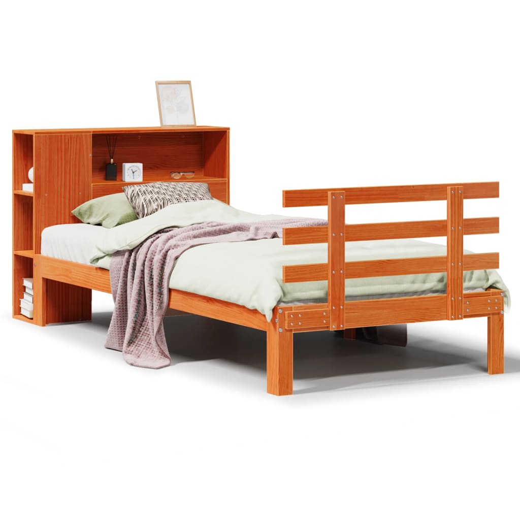 Bed met boekenkast zonder matras grenenhout wasbruin 100x200 cm