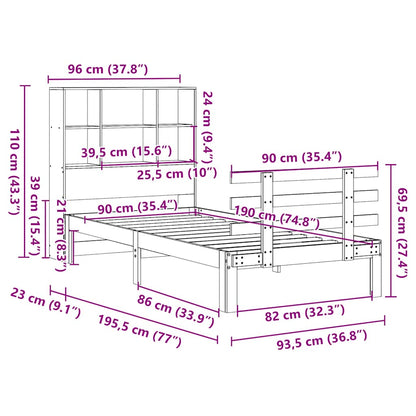 Bed met boekenkast zonder matras massief grenenhout 90x190 cm