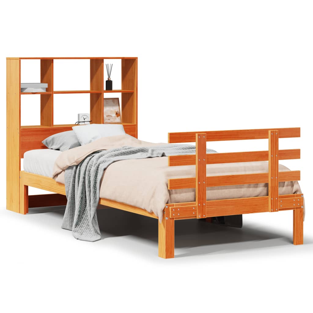 Bed met boekenkast zonder matras grenenhout wasbruin 75x190 cm