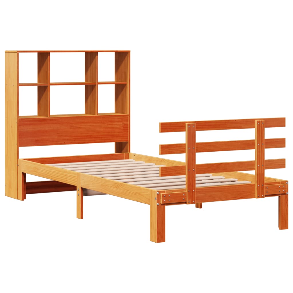 Bed met boekenkast zonder matras grenenhout wasbruin 75x190 cm