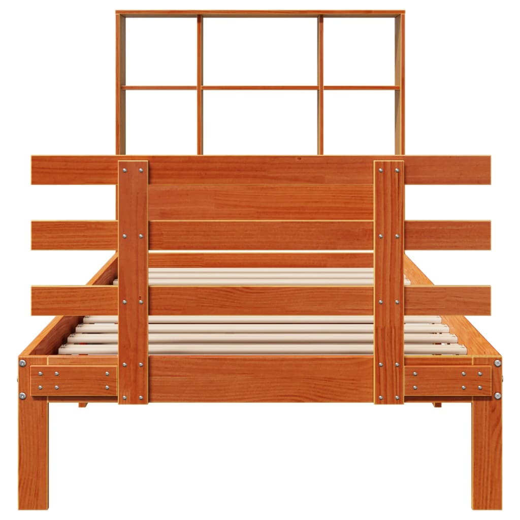 Bed met boekenkast zonder matras grenenhout wasbruin 75x190 cm