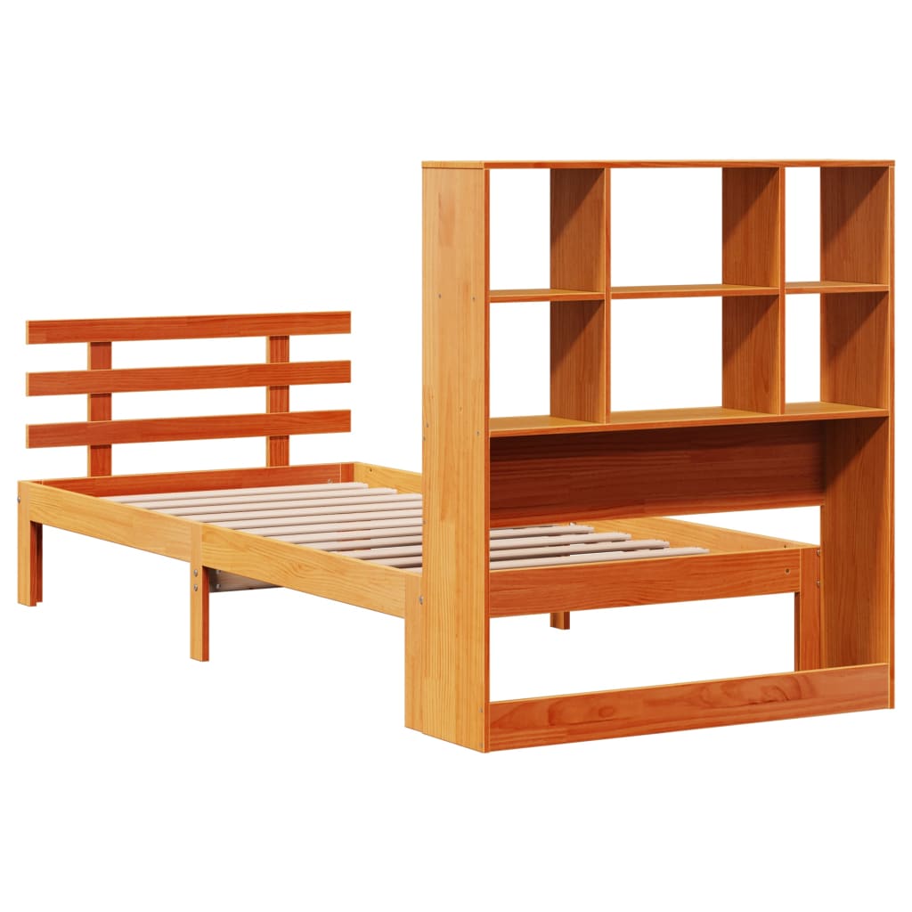 Bed met boekenkast zonder matras grenenhout wasbruin 75x190 cm