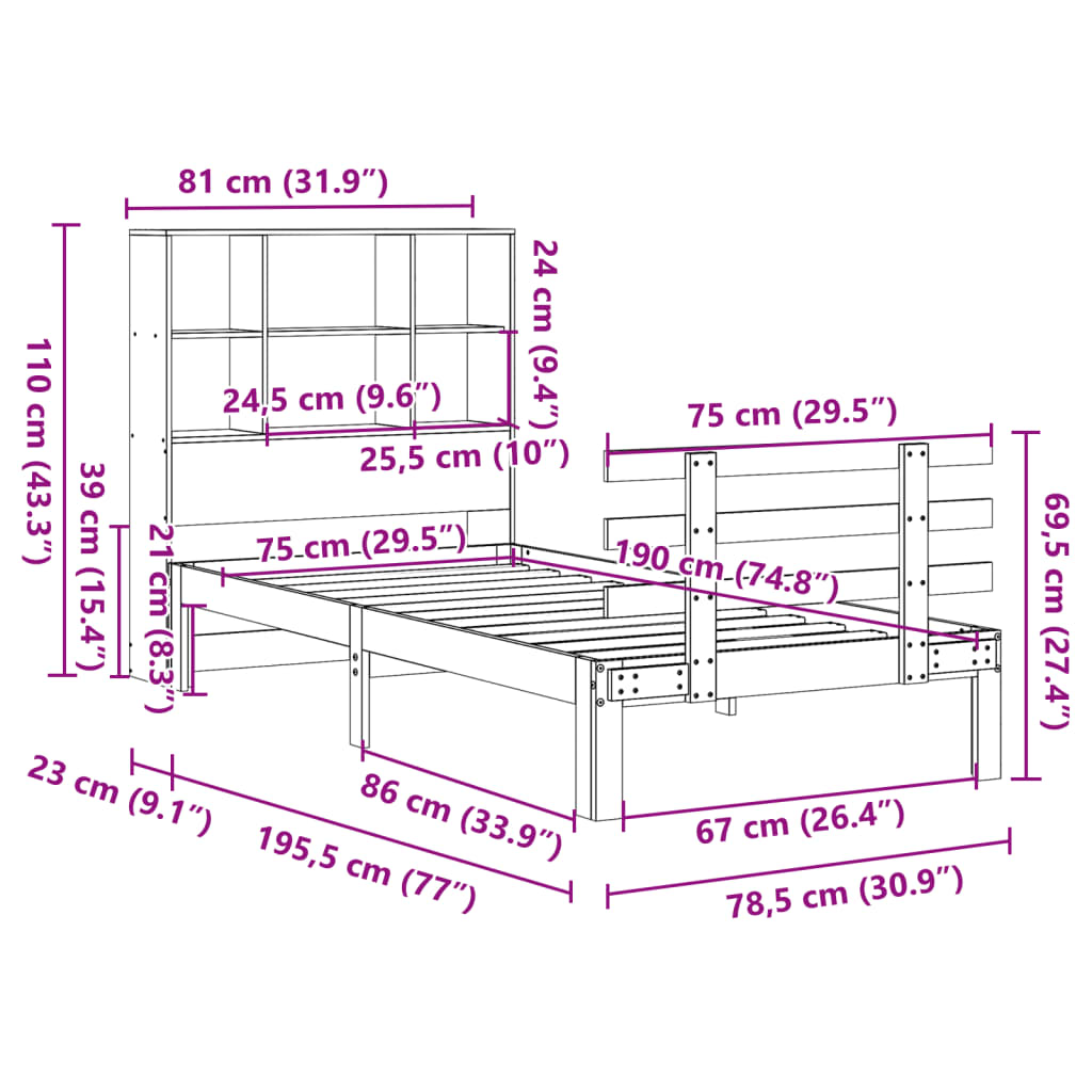 Bed met boekenkast zonder matras grenenhout wasbruin 75x190 cm
