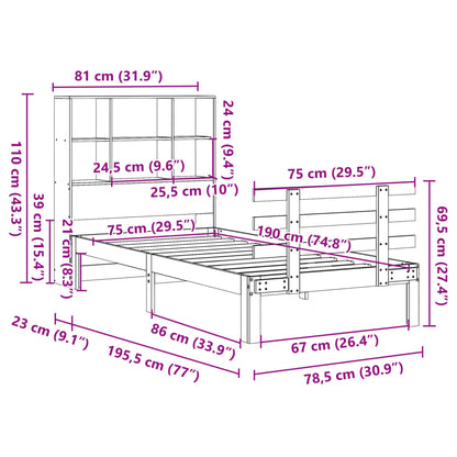 Bed met boekenkast zonder matras grenenhout wasbruin 75x190 cm