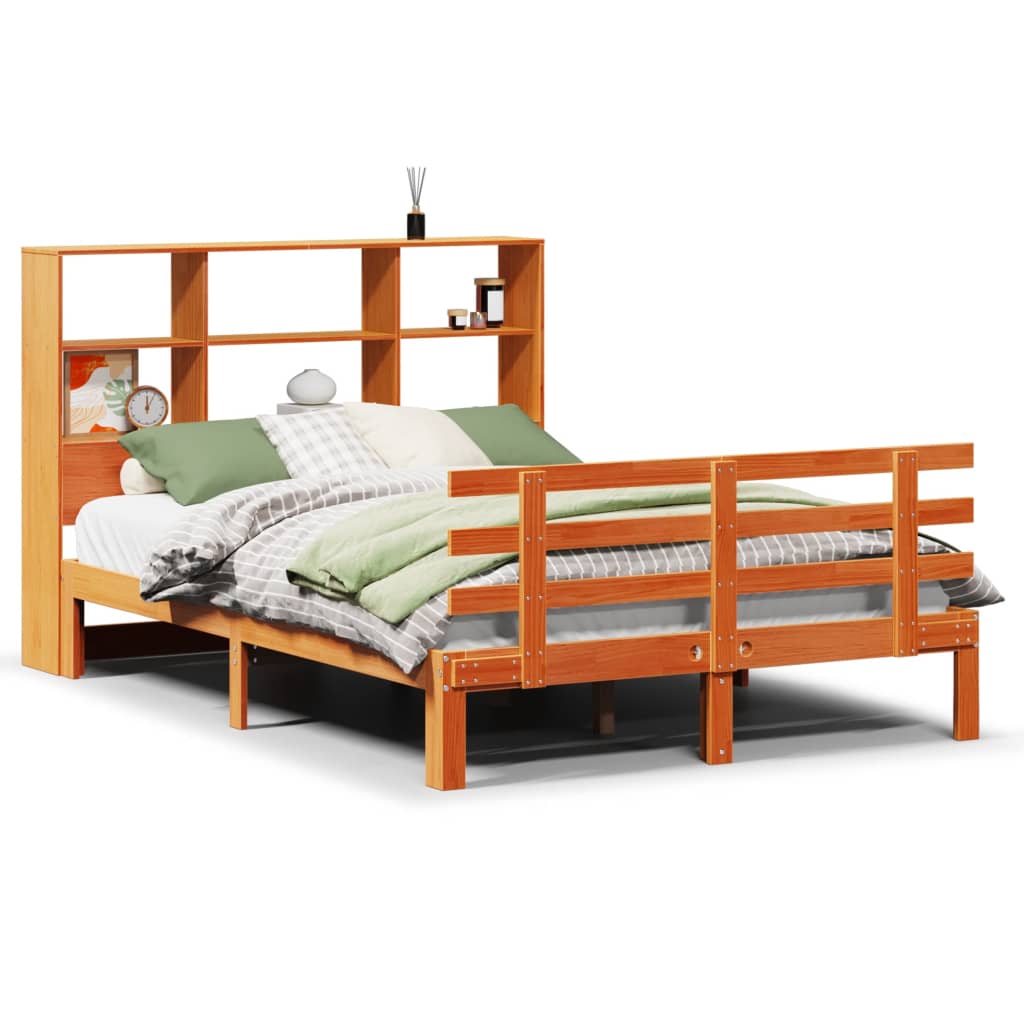 Bed met boekenkast zonder matras grenenhout wasbruin 140x190 cm