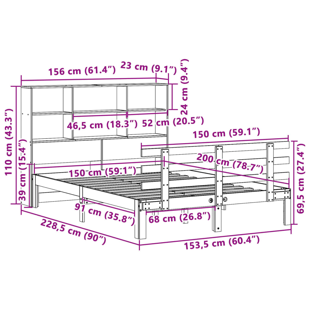 Bed met boekenkast zonder matras grenenhout wasbruin 150x200 cm