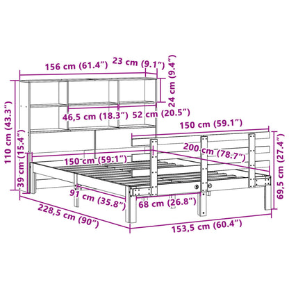 Bed met boekenkast zonder matras grenenhout wasbruin 150x200 cm