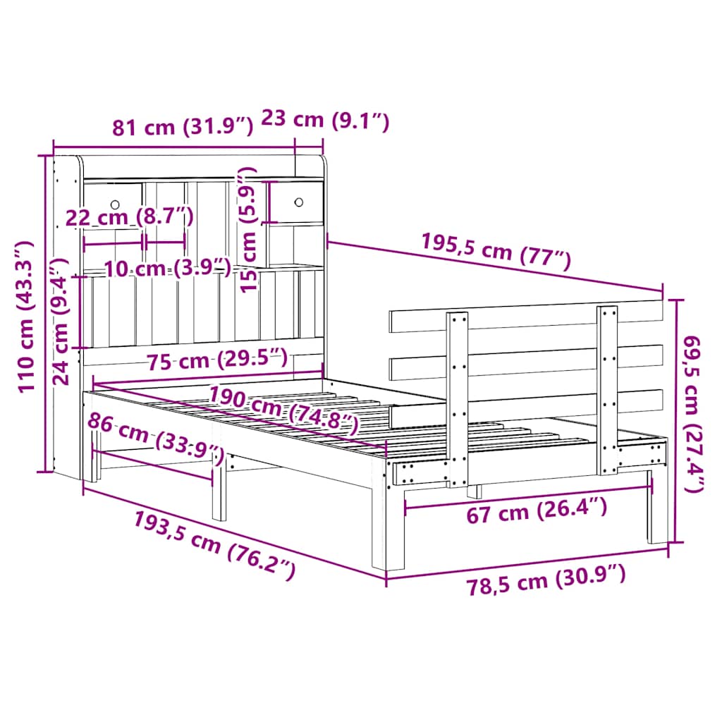 Bed met boekenkast zonder matras massief grenenhout 75x190 cm