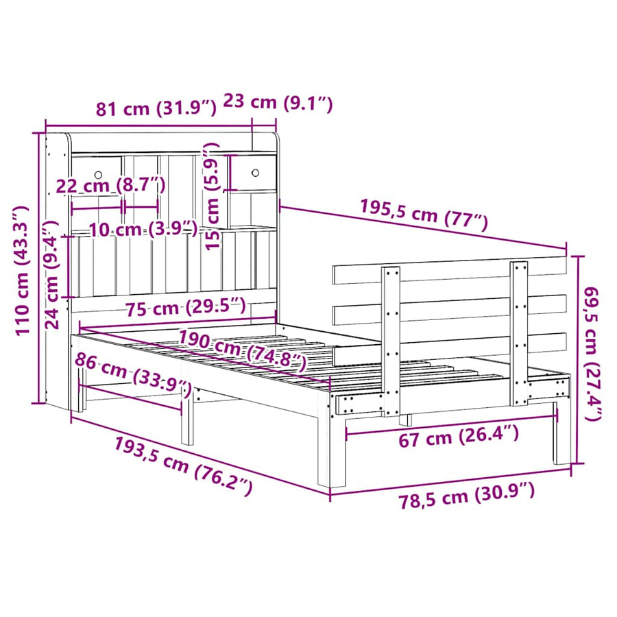Bed met boekenkast zonder matras massief grenenhout 75x190 cm